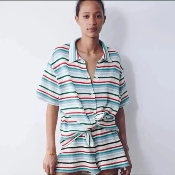 ZARA Knit Top Striped Button Front Short Sleeve Collared Relaxed Fit Grandpacore - Picture 1 of 10